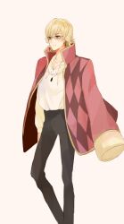  1boy argyle bad_id bad_pixiv_id barnaby_brooks_jr. blonde_hair cosplay glasses green_eyes high-waist_pants howl_(howl_no_ugoku_shiro) howl_(howl_no_ugoku_shiro)_(cosplay) howl_no_ugoku_shiro jacket jacket_on_shoulders male_focus pants parody poco24 solo tiger_&amp;_bunny 