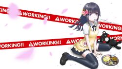  alternate_color apron black_hair commentary_request daisy_(working!!) female flower fork hair_flower hair_ornament highres long_hair mouth_hold nabe-chan plate purple_eyes sitting solo stuffed_animal stuffed_toy teddy_bear thighhighs wariza working!! yamada_aoi 