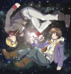  2boys bad_id bad_pixiv_id banagher_links blonde_hair blue_eyes brown_eyes brown_hair floating gundam gundam_unicorn hood hoodie jacket jewelry locket military military_uniform multiple_boys pendant redpipin riddhe_marcenas rotational_symmetry space star_(symbol) uniform zero_gravity 