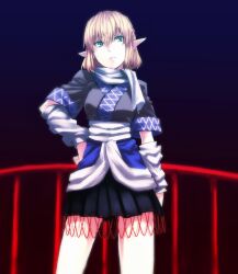  bad_id bad_pixiv_id blonde_hair dark female gradient_background green_eyes hand_on_own_hip highres hinomoto_madoka mizuhashi_parsee pointy_ears railing scarf short_hair skirt solo standing touhou 