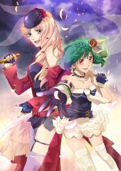  2girls asymmetrical_legwear belt blonde_hair blue_eyes bracelet breasts commentary_request crown earrings fingerless_gloves flower gen_(enji) gloves green_hair hat jewelry kneehighs long_hair macross macross_frontier macross_frontier:_sayonara_no_tsubasa microphone mini_hat multiple_girls necktie outstretched_arm pantyhose photoshop_(medium) purple_pantyhose purple_thighhighs ranka_lee red_eyes ribbon rose sheryl_nome short_hair single_leg_pantyhose single_thighhigh skirt small_breasts socks thighhighs torn_clothes torn_pantyhose torn_thighhighs uneven_legwear white_thighhighs 