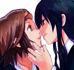  2girls akiyama_mio black_eyes black_hair brown_eyes brown_hair commentary_request eye_contact hairband k-on! kusaka_yoru long_hair looking_at_another multiple_girls photoshop_(medium) portrait sakuragaoka_high_school_uniform school_uniform short_hair tainaka_ritsu yuri 