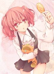  :&lt; candy commentary_request female food holding inu_x_boku_ss leaf lollipop photoshop_(medium) pika_mouse pink_eyes pink_hair roromiya_karuta school_uniform swirl_lollipop tanuki twintails watanuki_banri 