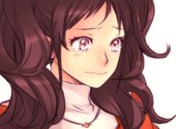  :&gt; brown_eyes brown_hair commentary earrings female goodbye jewelry kujikawa_rise long_hair necklace persona persona_4 photoshop_(medium) saeuchobab solo tears turtleneck twintails 