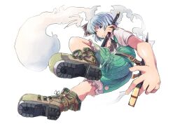  belt blue_eyes boots bow citolo commentary_request female floating from_below grey_hair hairbow hitodama konpaku_youmu konpaku_youmu_(ghost) looking_at_viewer short_sleeves shorts solo sword touhou weapon white_background 