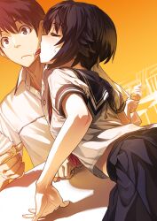  1boy arched_back arm_support artistic_error bad_perspective black_hair blush brown_eyes brown_hair closed_eyes commentary_request couple cream dutch_angle female food food_on_face foreshortening from_behind holding ice_cream licking licking_another&#039;s_cheek licking_another&#039;s_face maeda_kazuya midriff photokano photoshop_(medium) sanehara_hikari school_uniform serafuku shadow shimotsuki_eight shirt short_hair skirt straight sweatdrop table white_shirt 