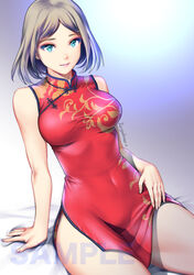  bare_arms bob_cut breasts china_dress chinese_clothes covered_navel dress female green_eyes grey_hair highres large_breasts looking_at_viewer medium_hair original parted_lips red_dress saigado short_dress signature sitting smile solo watermark 