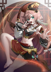  :d absurdres antlers barefoot breasts chinese_clothes cleavage commentary_request detached_sleeves female genshin_impact green_eyes hair_between_eyes hat highres horns long_hair long_sleeves looking_at_viewer navel pink_hair reaching reaching_towards_viewer sidelocks skym_(kumei) smile solo stomach v vision_(genshin_impact) wide_sleeves yanfei_(genshin_impact) 