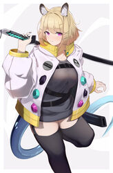  absurdres animal_ear_fluff animal_ears arknights asumi_maboroshi belt black_belt black_thighhighs blonde_hair commentary_request dress female foot_out_of_frame grey_background grey_dress hand_up highres holding holding_sword holding_weapon jacket katana looking_at_viewer open_clothes open_jacket over_shoulder purple_eyes short_dress short_hair smile solo standing standing_on_one_leg sword tail thighhighs thighs utage_(arknights) weapon weapon_over_shoulder white_jacket zettai_ryouiki 