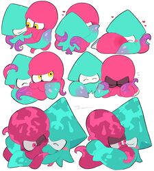  2others ^_^ aqua_skin blush_stickers closed_eyes colored_skin heart highres hug implied_kiss inkling inkling_player_character kiirono kraken_(splatoon) multiple_others octoling octoling_player_character octopus pink_eyes pink_skin pinned simple_background splatoon_(series) squid tentacle yellow_eyes 