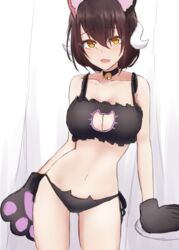  animal_ears animal_hands azur_lane bad_id bad_pixiv_id bare_shoulders bell black_bra black_choker black_hair black_panties blush bra breasts cat_cutout cat_ears cat_lingerie cat_paws choker cleavage cleavage_cutout clothing_cutout collarbone commentary_request contrapposto cowboy_shot curtains fake_animal_ears female hair_between_eyes highres horns kousi_sirazawa large_breasts looking_at_viewer meme_attire mikasa_(azur_lane) navel neck_bell oerba_yun_fang open_mouth panties short_hair side-tie_panties skin_fang smile solo standing stomach underwear yellow_eyes 