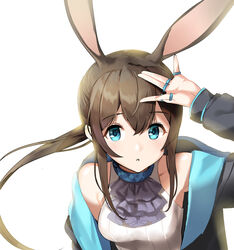  :o absurdres amiya_(arknights) animal_ears arknights arm_up armpits ascot bare_shoulders black_jacket blue_eyes breasts brown_hair extra_ears female highres jacket jewelry looking_at_viewer low_ponytail medium_breasts multiple_rings off_shoulder open_clothes open_jacket parted_lips ponytail purple_ascot rabbit_ears ring shirt shovelwell sidelocks simple_background sleeveless sleeveless_shirt solo thumb_ring upper_body white_background white_shirt 