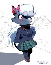  2019 accessory animal_crossing anthro artist_name black_body black_fur blouse blush bottomwear bow_collar bow_ribbon clothed clothing crossdressing dated femboy flats footwear full-length_portrait fur hair hair_accessory hair_over_eye hair_ribbon hairbow hi_res kicks_(animal_crossing) legwear male mammal mary_janes mephitid nintendo one_eye_obstructed outside pantyhose partially_colored pattern_bottomwear pattern_clothing pattern_skirt pink_nose plaid plaid_bottomwear plaid_clothing plaid_skirt portrait purple_eyes ribbons shoes signature skirt skunk solo topwear walking walliscolours white_body white_fur white_hair 