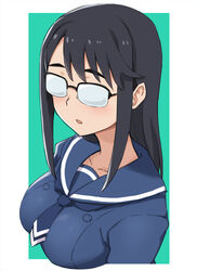  black_hair breasts collarbone female glasses hashi houkago_teibou_nisshi long_hair medium_breasts oono_makoto opaque_glasses photoshop_(medium) sailor_collar school_uniform simple_background solo swept_bangs upper_body 