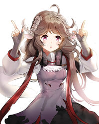  absurdres ahoge animal_ears arknights bandaged_arm bandages breasts brown_hair earmuffs eyjafjalla_(arknights) female gas_mask hands_up highres horns index_fingers_raised long_hair long_sleeves looking_at_viewer mask parted_lips pink_eyes sheep_ears sheep_horns shirt shovelwell simple_background small_breasts solo undershirt upper_body white_background white_shirt 