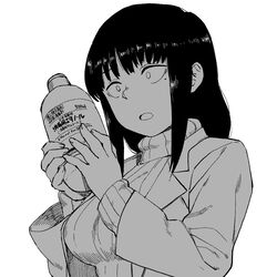  alcohol bottle commentary female greyscale highres holding houkago_teibou_nisshi kotani_sayaka lab_coat long_hair mole mole_under_eye monochrome onsen_tamago_(hs_egg) partially_translated ribbed_sweater school_nurse solo sweater translation_request turtleneck turtleneck_sweater unusually_open_eyes upper_body 