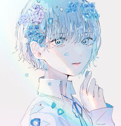  absurdres blue_eyes blue_flower blue_ribbon closed_mouth collared_shirt female flower from_side hagimorijia hair_flower hair_ornament hand_up highres hydrangea long_sleeves looking_at_viewer looking_to_the_side neck_ribbon original petals portrait purple_flower ribbon shirt short_hair simple_background solo white_background white_shirt 