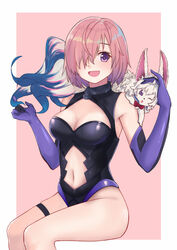  :d bare_shoulders black_leotard border breasts cleavage cleavage_cutout clothing_cutout commentary creature creature_on_shoulder elbow_gloves fate/grand_order fate_(series) female flower fou_(fate) gloves hair_flower hair_ornament headpat highres invisible_chair itachi_kanade leotard mash_kyrielight medium_breasts navel navel_cutout on_shoulder open_mouth pink_background pink_hair purple_eyes purple_gloves short_hair simple_background sitting smile thigh_strap thighs white_border 