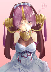  absurdres bare_shoulders black_veil blue_eyes breasts cleavage commentary_request dress elbow_gloves fate/apocrypha fate/grand_order fate_(series) female flower food frankenstein&#039;s_monster_(fate) gloves hair_flower hair_ornament hair_over_eyes head_tilt headgear heart highres horns incoming_pocky_kiss looking_at_viewer mechanical_horns medium_breasts one_eye_closed parted_bangs photoshop_(medium) pink_background pink_hair pocky pocky_day rose see-through see-through_cleavage short_hair single_horn sleeveless sleeveless_dress solo tsukiyo_kapibara veil white_dress white_flower white_gloves white_rose 