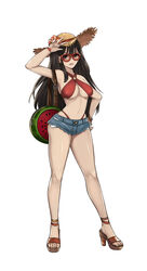  :o absurdres anklet bare_legs bikini black_hair bracelet breasts brown_dust criss-cross_halter denim denim_shorts female food-themed_bag food_print full_body glasses halterneck hand_on_own_hip hat high_heels highres jewelry long_hair looking_at_viewer medium_breasts micro_shorts navel photoshop_(medium) red-framed_eyewear red_bikini ring sandals short_shorts shorts solo spiz standing sun_hat swimsuit underboob v ventana_(brown_dust) very_long_hair watermelon_print 