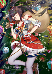  absurdres antler_ornament bad_id bad_pixiv_id bare_shoulders black_eyes black_hair blurry blurry_background box breasts bronya_zaychik bronya_zaychik_(valkyrie_chariot) chinese_commentary christmas christmas_ornaments cleavage closed_mouth commentary_request dress female gift gift_box gloves highres holding homu_(honkai_impact) honkai_(series) honkai_impact_3rd kiana_kaslana kiana_kaslana_(white_comet) long_hair looking_at_viewer murata_himeko murata_himeko_(valkyrie_triumph) one_eye_closed painttool_sai_(medium) partial_commentary ponytail raiden_mei red_dress red_gloves sack sleeves_past_elbows smile solo thighhighs white_thighhighs yae_sakura yae_sakura_(gyakushinn_miko) yiyu_qing_mang 