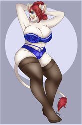  anthro betsy_(vixenfan89) big_breasts blue_border blue_eyes border bovid bovine bra breasts catsmeow cleavage clothed clothing female hair hi_res legwear lingerie mammal panties pose red_hair solo stockings thigh_highs underwear white_body 