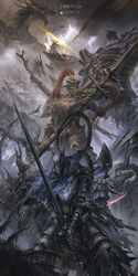  4boys 5others aiming armor artorias_the_abysswalker back-to-back battle blonde_hair blue_capelet bow_(weapon) braid breastplate capelet copyright_name crown dark_souls_(series) dark_souls_i dragon dragon_slayer_ornstein dual_wielding electricity english_commentary english_text facing_away facing_viewer fake_horns faulds female fighting_stance flying full_armor gauntlets glowing glowing_weapon gold_armor gwyn_lord_of_cinder hawkeye_gough helmet highres holding holding_bow_(weapon) holding_polearm holding_weapon hood horned_helmet horns knight looking_up lord&#039;s_blade_ciaran magic multiple_boys multiple_others open_mouth pauldrons plume polearm reverse_grip short_sword shoulder_armor silver_knight_(dark_souls) single_braid spear standing stu_dts sword teeth weapon 