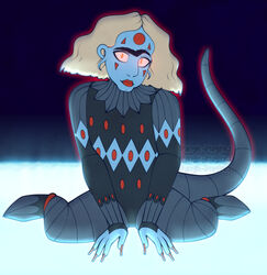  absurd_res alien alien_humanoid angie_imagines armor blonde_hair blue_body eyebrows facial_markings glowing glowing_eyes gradient_background hair head_markings hi_res humanoid lipstick long_nails makeup male markings metallic_body not_furry simple_background solo superjail! tail unibrow 