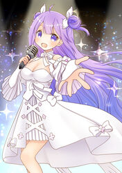  :d azur_lane blunt_bangs bow bowtie commentary_request detached_collar detached_sleeves double_bun dress eyes_visible_through_hair female gradient_background hair_bun hair_ribbon head_tilt highres holding holding_microphone long_hair looking_at_viewer microphone mirun_(funimani) music official_alternate_costume open_mouth purple_eyes purple_hair reaching reaching_towards_viewer ribbon sidelocks singing smile solo sparkle strapless strapless_dress unicorn_(angelic_night)_(azur_lane) unicorn_(azur_lane) white_dress 