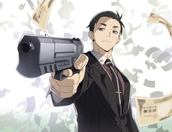  1boy black_hair commentary english_commentary finger_on_trigger formal fugou_keiji_balance:unlimited gun handgun holding holding_gun holding_weapon kanbe_daisuke male_focus money money_rain necktie nyoro_(nyoronyoro000) photoshop_(medium) short_hair simple_background solo suit weapon 