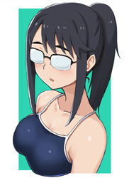  bare_shoulders black_hair breasts collarbone commentary_request female glasses hashi houkago_teibou_nisshi medium_breasts oono_makoto opaque_glasses open_mouth photoshop_(medium) ponytail school_swimsuit simple_background solo swept_bangs swimsuit upper_body 