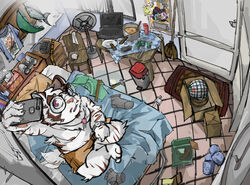  2020 alp_(tas) anthro bed belly bonbonbear bottomwear clothing computer detailed_background electric_fan electronics eyewear felid fur furniture glasses hombre_tigre_(tas) inside kemono lifewonders male mammal moobs nipples pantherine phone pillow shorts sitting slightly_chubby solo tiger tokyo_afterschool_summoners tuokemao white_body white_fur 