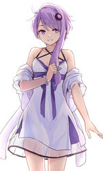  alternate_costume alternate_hairstyle asymmetrical_hair backlighting bow bracelet breasts cevio clenched_hand commentary_request cowboy_shot design_speculation dress dress_bow female grin hair_ornament halter_dress halterneck hand_on_own_chest hand_up highres jewelry layered_dress light_blush looking_at_viewer purple_bow purple_eyes purple_hair see-through see-through_dress shawl short_dress short_hair_with_long_locks simple_background single_sidelock small_breasts smile solo spaghetti_strap toromera vocaloid voiceroid white_background white_dress yuzuki_yukari yuzuki_yukari_(rei) 