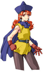  alena_(dq4) cape closed_mouth commentary curly_hair dragon_quest dragon_quest_iv dress earrings female gloves hat jewelry long_hair looking_at_viewer orange_hair pantyhose qkat_(arikawa-dou) red_eyes simple_background skirt smile solo white_background 