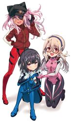  3girls :d badge black_bodysuit black_gloves black_hair black_headwear blonde_hair blue_bodysuit blush bodysuit boshi_(a-ieba) breasts brown_eyes button_badge chloe_von_einzbern commentary_request cosplay dark-skinned_female dark_skin evangelion:_3.0_you_can_(not)_redo eyepatch fate/kaleid_liner_prisma_illya fate_(series) full_body glasses gloves grey_background hair_between_eyes hair_ornament hairband hand_up hat highres ikari_shinji ikari_shinji_(cosplay) illyasviel_von_einzbern jacket kneeling knees_up long_hair long_sleeves looking_at_viewer low_twintails makinami_mari_illustrious makinami_mari_illustrious_(cosplay) medium_hair miyu_edelfelt multicolored_clothes multicolored_jacket multiple_girls neon_genesis_evangelion open_mouth orange_eyes pink_bodysuit pink_hair plugsuit ponytail rebuild_of_evangelion red-framed_eyewear red_bodysuit red_jacket semi-rimless_eyewear sidelocks simple_background small_breasts smile souryuu_asuka_langley souryuu_asuka_langley_(cosplay) standing twintails two-tone_jacket two_side_up white_bodysuit white_jacket 