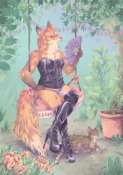  anthro bow_(decoration) bow_corset canid canine clothing corset detailed_background domestic_cat eneeku felid feline felis female femboy feral footwear fox fred hand_fan hand_on_hip hi_res high_heels leaf leather lights lilou lingerie lying male mammal outside panties plant shoes sitting smile swing topwear tree underwear 