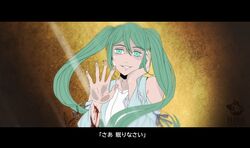  aqua_eyes aqua_hair aqua_nails artist_name bare_shoulders bleeding blood blood_on_clothes blue_dress brown_background crying crying_with_eyes_open detached_sleeves dress dress_flower empty_eyes evillious_nendaiki female film_grain hand_on_own_cheek hand_on_own_face hatsune_miku highres letterboxed light_rays looking_at_viewer lyrics margarita_blankenheim mario_gagabriel nemurase_hime_kara_no_okurimono_(vocaloid) parody signature smile solo style_parody tears translated twintails vocaloid wrist_cutting 