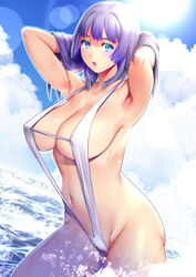  armpits blue_eyes blue_sky blush breasts cowboy_shot day female hands_up highres large_breasts long_hair looking_at_viewer navel ocean original outdoors parted_lips purple_hair saigado sky slingshot_swimsuit solo standing sweat swimsuit wading white_slingshot_swimsuit 