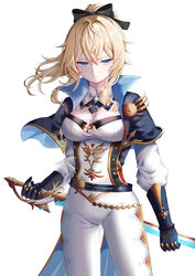  absurdres blonde_hair blue_capelet blue_eyes bow breasts capelet cleavage closed_mouth coattails commentary detached_collar favonius_sword_(genshin_impact) female gauntlets genshin_impact hair_between_eyes hairbow highres holding holding_sword holding_weapon jean_(genshin_impact) large_breasts long_sleeves looking_to_the_side mochi_mochi052 multicolored_capelet pants ponytail serious shirt sidelocks solo strapless strapless_shirt sword tight_clothes tight_pants weapon white_background white_pants white_shirt 