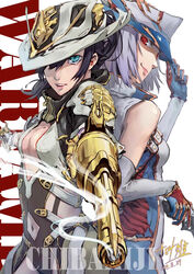  2girls back-to-back black_hair blue_eyes bodysuit breasts commentary_request cowboy_shot dual_wielding exalted_weapon_(warframe) gloves grey_hair gun hand_up handgun hat highres holding holding_gun holding_weapon looking_at_viewer mesa_(warframe) mesa_prime_(warframe) multiple_girls navel open_mouth orokin_(warframe) personification ponytail prime_warframe qianye_zhi red_eyes secondary_weapon_(warframe) short_hair small_breasts smile smoke smoking_barrel trigger_discipline warframe weapon 