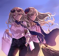  2girls bag blonde_hair blue_scarf braid breasts chinese_commentary closed_mouth commentary_request denim eyewear_on_head hair_ornament hand_in_pocket hat historical_name_connection holding holding_bag holding_own_arm jeans kantai_collection long_hair looking_away multiple_girls name_connection pants purple_eyes richelieu_(kancolle) richelieu_(warship_girls_r) scarf shirt shopping_bag skirt warship_girls_r watch white_shirt yuemanhuaikong 