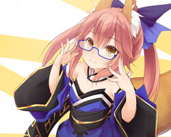  aged_down animal_ear_fluff animal_ears bespectacled blue-framed_eyewear blue_bow blue_kimono bow detached_sleeves fate/extra fate/grand_order fate_(series) female fox_ears fox_girl fox_tail glasses hairbow haryuu_(poetto) highres japanese_clothes kimono pink_hair semi-rimless_eyewear smile solo tail tamamo_(fate) tamamo_no_mae_(fate/extra) twintails under-rim_eyewear wide_sleeves yellow_eyes 