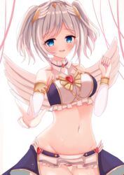  :d akari_(angel)_(princess_connect!) akari_(princess_connect!) angel_wings bare_shoulders blue_eyes blush breasts clenched_hand collarbone commentary_request cowboy_shot crop_top detached_sleeves feathered_wings female grey_hair groin hand_up heart-shaped_ornament highres imono_y large_breasts looking_at_viewer microskirt midriff navel open_mouth princess_connect! purple_nails short_hair short_twintails sidelocks simple_background skirt smile solo standing teeth twintails upper_teeth_only v w waist_cape wet white_background white_skirt white_sleeves wing_hair_ornament wings 