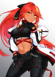  azur_lane bare_shoulders belt black_belt black_bow black_pants black_shirt blonde_hair blush bow breasts commentary_request cowboy_shot crop_top daichi_(tokoya) female gradient_background grey_background hair_between_eyes hairbow hand_up head_tilt highleg highleg_panties highres jacket jamaica_(azur_lane) jamaica_(highway_star)_(azur_lane) large_breasts long_hair long_sleeves looking_at_viewer midriff multicolored_hair navel off_shoulder open_clothes open_jacket panties pants ponytail red_hair shirt sidelocks sleeveless sleeveless_shirt solo standing stomach streaked_hair thigh_strap thighs underwear very_long_hair white_background white_jacket yellow_eyes 