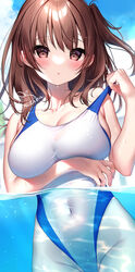  bad_id bad_pixiv_id blush breasts brown_eyes brown_hair cleavage competition_swimsuit covered_navel female futaba_miwa groin highleg highleg_swimsuit large_breasts long_hair looking_at_viewer one-piece_swimsuit one_side_up original outdoors partially_submerged partially_underwater_shot pulling_own_clothes solo swimsuit thighs water wet wet_clothes wet_swimsuit white_one-piece_swimsuit 