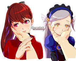  1boy 2girls artist_name aurastack blue_hairband colored_eyelashes commentary_request dark_red_hair grabbing_another&#039;s_chin grey_hair hairband hand_on_another&#039;s_chin jacket lavenza_(persona_5) long_hair looking_at_viewer multiple_girls persona persona_5 persona_5_the_royal ponytail red_eyes red_hair straight twitter_username web_address yellow_eyes yoshizawa_kasumi 