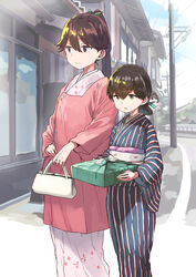  2girls alternate_costume bag black_eyes black_hair brown_eyes hair_between_eyes holding holding_bag houshou_(kancolle) japanese_clothes kantai_collection kasuga_maru_(kancolle) kimono long_hair long_sleeves matsutani michiyuki multiple_girls obi open_mouth outdoors ponytail sash short_hair wide_sleeves 