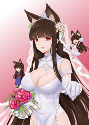  3girls absurdres akagi_(warship_girls_r) animal_ear_fluff animal_ears black_hair bouquet breasts bridal_veil bride cleavage dress elbow_gloves extra_ears flower fox_ears garter_belt gloves hei_ling highres holding holding_bouquet long_hair mini_person minigirl multiple_girls one_eye_closed red_eyes sidelocks size_difference solo_focus tiara veil warship_girls_r wedding_dress white_dress white_gloves 