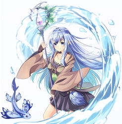  ahoge black_skirt blue_eyes blue_hair breasts brown_robe closed_mouth collarbone creature duel_monster eria_(yu-gi-oh!) eria_the_water_charmer_gentle feet_out_of_frame female hair_between_eyes highres holding holding_staff hydrokinesis leaf long_hair long_sleeves medium_breasts mikan_(13alice666) open_clothes open_robe pleated_skirt robe sidelocks simple_background skirt sleeves_past_wrists smile staff water white_background wide_sleeves yu-gi-oh! 