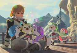  1boy 5girls absurdres alternate_costume arm_support beak blonde_hair blue_eyes commentary cree_(zelda) earrings feathers fur_trim genli_(zelda) gloves highres indian_style jewelry kheel_(zelda) kotts_(zelda) light_blush link lolicon looking_at_another looking_down morning mountainous_horizon multiple_girls music musical_note notts_(zelda) open_mouth outdoors pointy_ears rito running shadow short_ponytail singing sitting sitting_on_lap sitting_on_person smile snowquill_set_(zelda) strap sunlight talons the_legend_of_zelda the_legend_of_zelda:_breath_of_the_wild turquoise_iro wings 